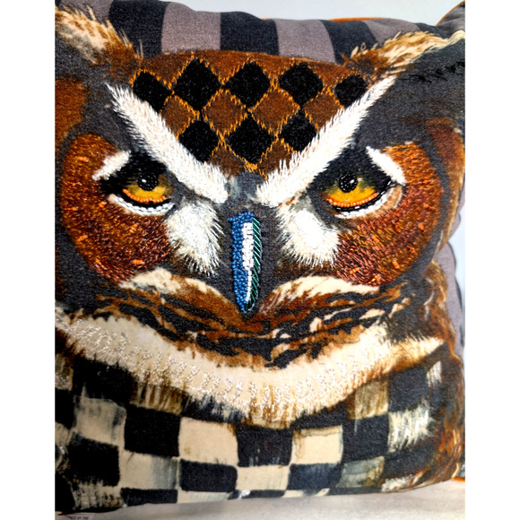 MacKenzie Childs Check Owl Pillow Autumnology 18 x 18 - Picture 5 of 6